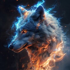 A majestic wolf fenrir with blue and orange flames for fur stands tall, staring at the viewer with its piercing yellow eyes. - obrazy, fototapety, plakaty