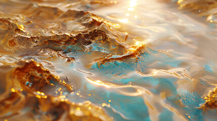 Fluid art interpretation of a desert mirage, with shimmering golds and warm earth tones blending into an oasis of cool blues. Dreamy and surreal.