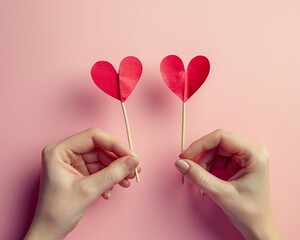 Young adult woman and man hands holding red paper heart shapes on wooden sticks on light pink table background Pastel color Love concept Closeup Top down view - obrazy, fototapety, plakaty