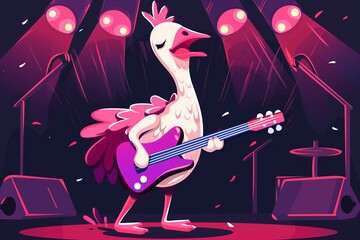 Comical cartoon funny bird rocking out and playing guitar or bass guitar center stage at a rock concert, adding a whimsical and humorous vibe to the musical performance.