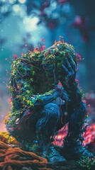 A man covered in plants and vines, sitting on a rock in the middle of a forest. - obrazy, fototapety, plakaty