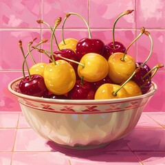 Bowl with sweet yellow cherries on pink tile background - obrazy, fototapety, plakaty