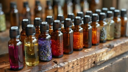 A collection of small bottles of essential oils for natural remedies. Concept Essential oils, Natural remedies, Small bottles, Health benefits, Aromatherapy