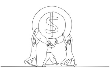 Single continuous line drawing group of Arab businessmen and Arab businesswomen work together carry a dollar symbol coin. Small capital for large profits. Success. One line design vector illustration