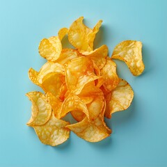 Golden and crusty potato chips on blue background Minimalistic food photo - obrazy, fototapety, plakaty