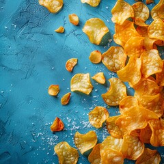 Golden and crusty potato chips on blue background Minimalistic food photo - obrazy, fototapety, plakaty