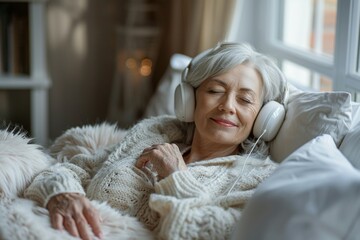 Happy senior woman listening and enjoying relaxing music in bed - obrazy, fototapety, plakaty