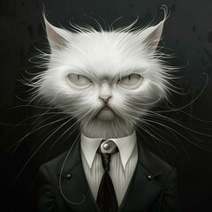 A white cat wearing a suit and tie, with a serious expression on its face - obrazy, fototapety, plakaty