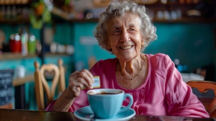 A Joyful Elderly Lady with Coffee