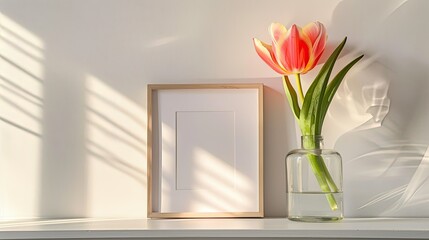 A close up shot captures a lovely tulip flower displayed in a glass vase surrounded by a picture frame set on a white wooden table against a clean wall at home This charming scene embodies 