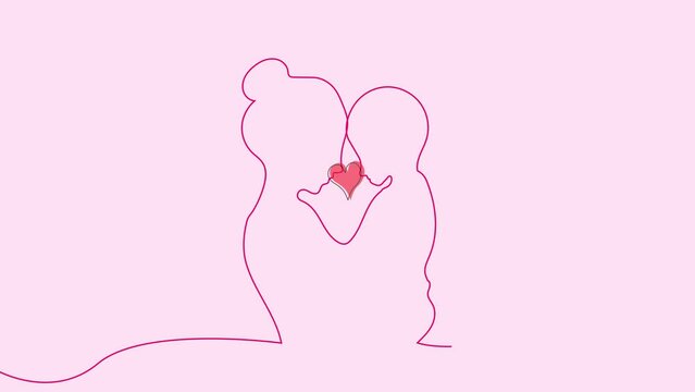 Mother's Day. 2D animation of One line art of mother and son for Happy Mother's Day, looping animation of red heart, light pink background, Green screen background. Used commercially, Royalty free. 4k