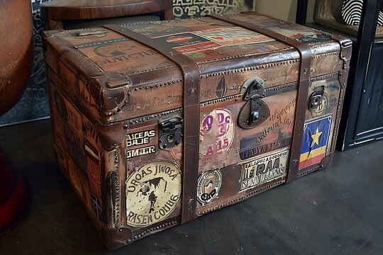 Weathered leather travel trunks adorned with vintage travel stickers evoking a sense of globetrotting adventures.