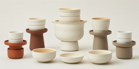 b'A variety of ceramic tableware in neutral colors'