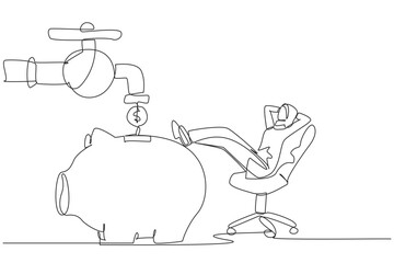 Single continuous line drawing Arab businesswoman sit relax on chair to see money faucet flow into savings piggy bank. Make lot of money. Amazing profits. Success. One line design vector illustration