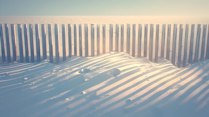 Serene Wooden Fence Through Snowy Landscape - obrazy, fototapety, plakaty