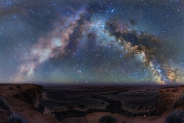 Wide-field astrophotography capturing a starry night sky above a vast desert landscape, with the Milky Way galaxy stretching majestically across the horizon.