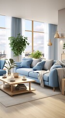 b'Airy and bright living room with a large windows and blue sofa'