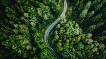 view Beautiful road route between forests seen from above