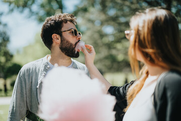 A candid moment in a park with a man sampling cotton candy from a woman's hand, expressing casual...