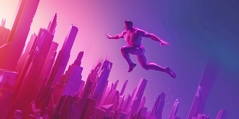 Urban Night Flight Man Soaring Through Vibrant City Lights in Pink and Purple Tones
