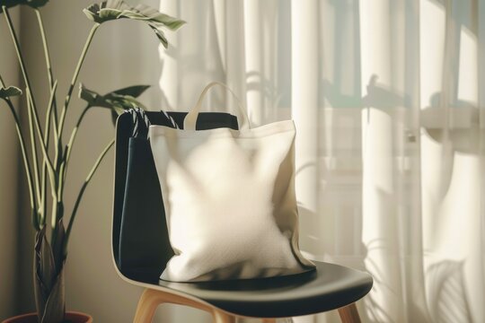 A black and white tote bag sitting on a chair. Perfect for fashion or lifestyle concepts - Powered by Adobe