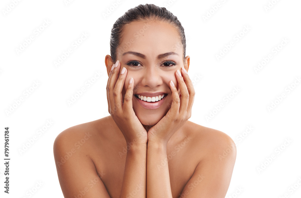 Sticker Happy woman, portrait and beauty with skincare for facial treatment or cosmetics on a white studio background. Face of young female person, brunette or model with smile for cosmetology or dermatology