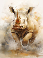 Watercolor painting of running  rhino on watercolor background. - obrazy, fototapety, plakaty