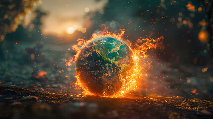 Tilt-shift Earth in Flames A Sign of Climate Crisis - obrazy, fototapety, plakaty