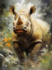 Watercolor painting of a  rhino on Tropical forest - obrazy, fototapety, plakaty