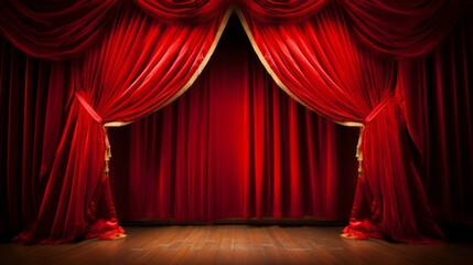 b'Red stage curtains with spotlight on empty stage'