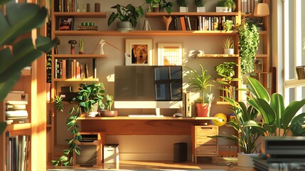 A cozy home office with a large wooden desk, a comfortable chair, and lots of plants.