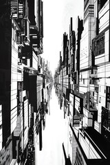 A black and white drawing of a city with tall buildings.