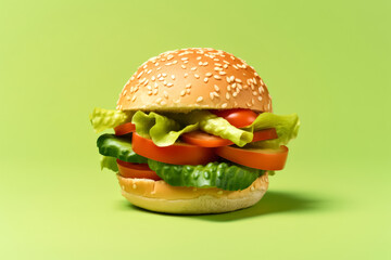 A hamburger with lettuce and tomato on a green background. The hamburger is a close up of the bun and the toppings