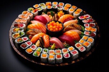 Fototapeta premium A freshly prepared plate of sushi with a variety of different types of sushi rolls and pieces of fish, arranged in a decorative pattern