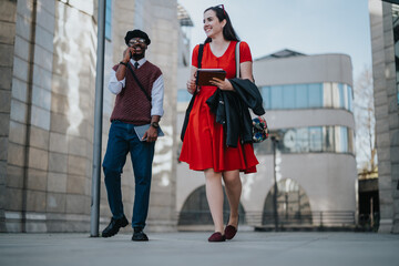 Two businesspeople are engaged in a discussion while walking in a city environment, portraying a...
