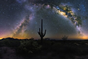 Employ a panoramic nightscape photograph to capture a vast desert landscape under a starry sky. 