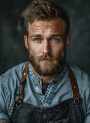 b'Portrait of a handsome bearded man wearing an apron'