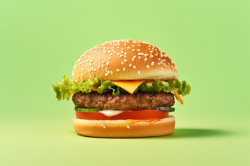 A hamburger with lettuce, tomato, and cheese on a green background. The burger is the main focus of the image, and the green background adds a sense of freshness and healthiness to the scene