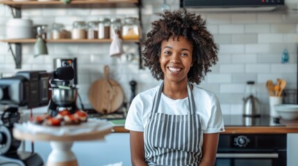 Fototapeta na wymiar Smiling Woman in a Home Kitchen