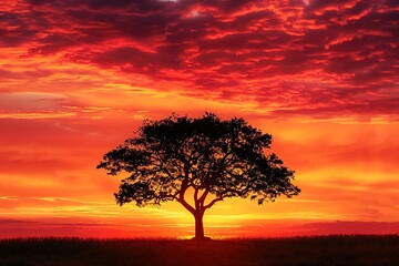 Employ a telephoto lens to capture a dramatic landscape photograph of a solitary tree silhouetted against a vibrant sunset