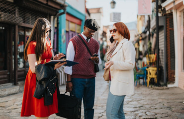 Three business professionals standing on a colorful urban street engaged in a discussion with...