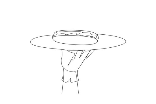 recommend clip art: Single continuous line drawing the waiter holds food tray serving hot dog. Dish consisting of a grilled, steamed, or boiled sausage. American fast food. Junk food. One line design vector illustration