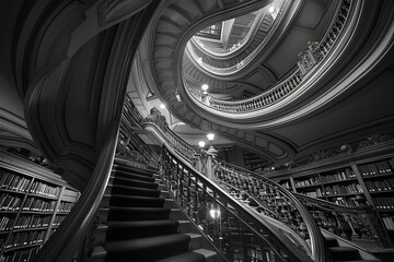 Employ black and white architectural photography to depict a grand library's awe-inspiring spiral staircase. Focus on the leading lines and the sense of perspective created 