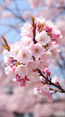 Obraz premium b'Light pink cherry blossom flowers in full bloom against a blurred background of pink and white flowers'