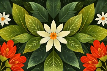 Symmetrical Painting of Flowers and Leaves on Black Background