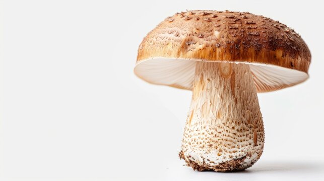 b'Close up of a large brown mushroom on a white background'