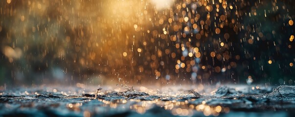 Splashes of rain on a sunlit surface