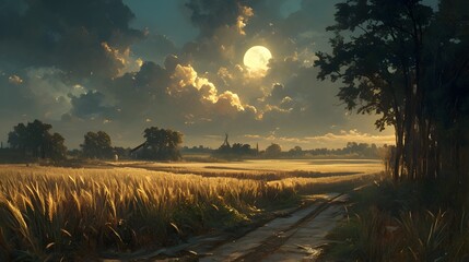 Stunning Sunset Landscape with Glowing Moon and Wheat Field Path