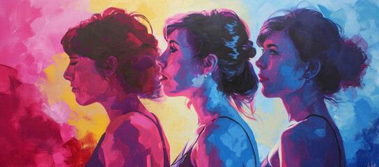 Three women in profile against a vibrant backdrop in a painting