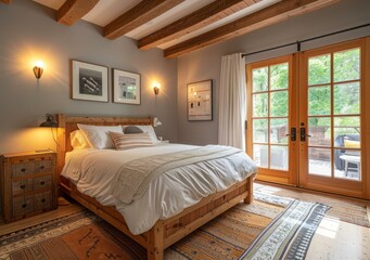 b'Rustic Modern Farmhouse Master Bedroom with Wood Beams and French Doors'